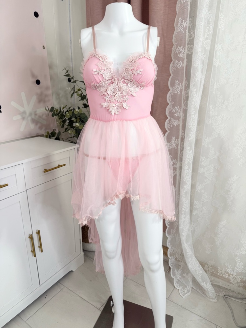Sugar Thrillz Pink Lace Appliqué Sheer Tulle Babydoll Chemise Bin#5